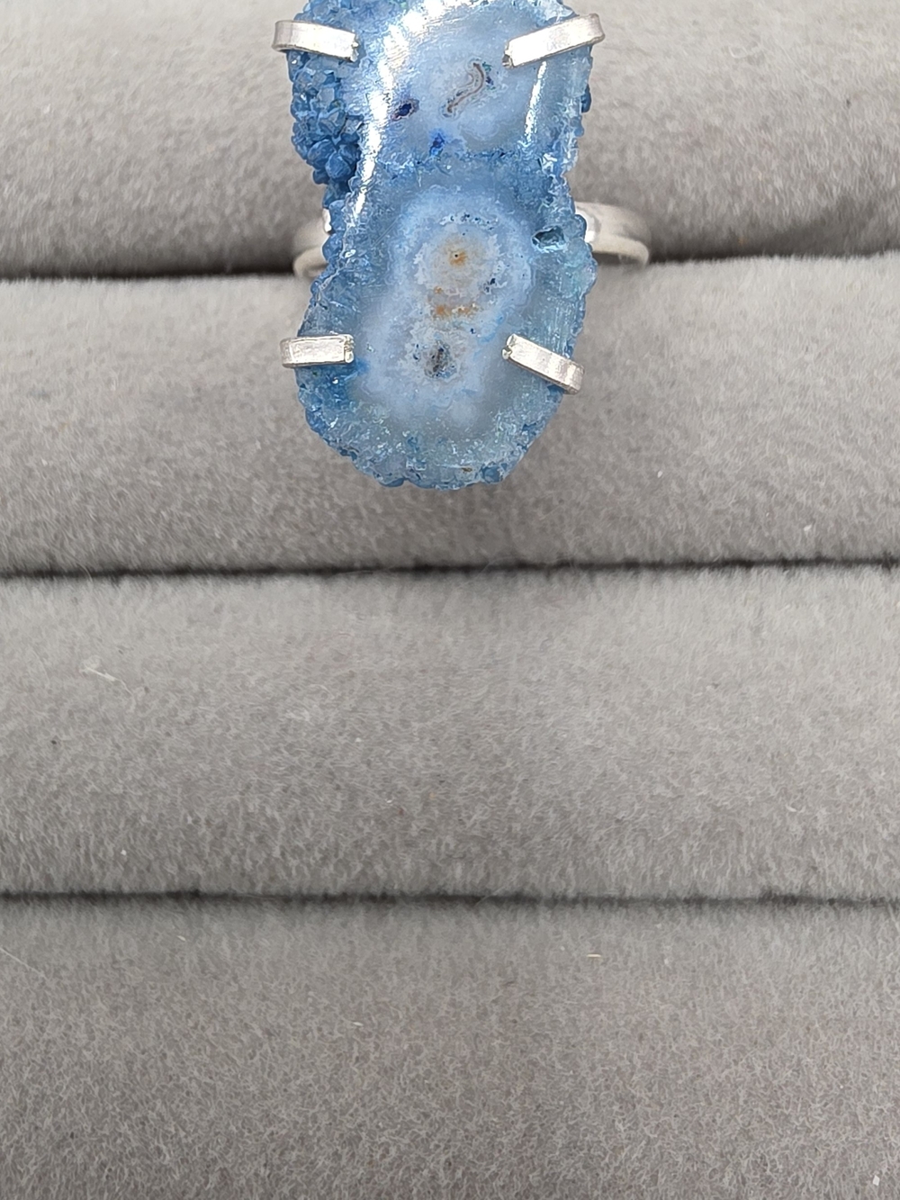 Silver Plated Blue Druzy Geode Ring Size 8 1/4 - Women Jewelry